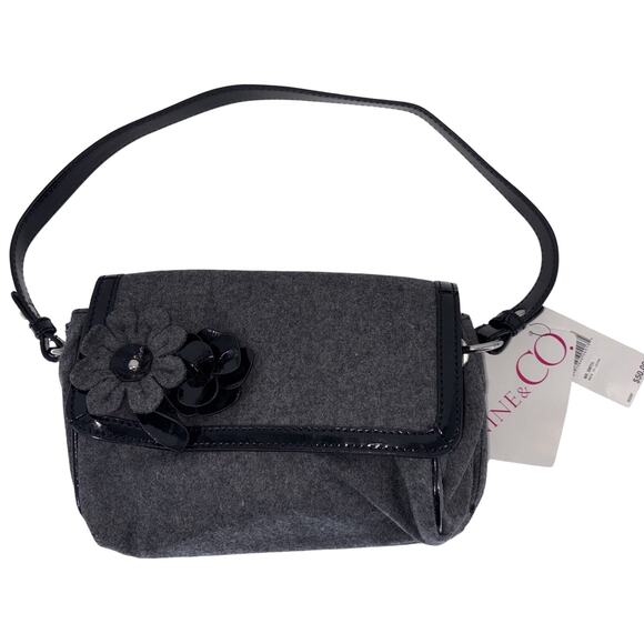 NEW Nine & Co Mr. Smith Shoulder Bag Purse Gray Wool & Black Faux Leather Flower - Picture 1 of 6